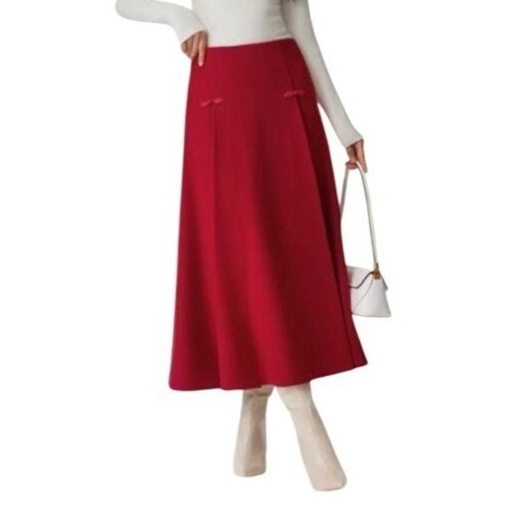 NWT OGL CashSoft Wool-like Frog Button A-Line Midi Skirt Limited Edition Red L‎